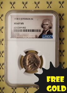 1938-D Jefferson Nickel NGC MS 67 5FS with FREE GOLDBACK and ONLY 47 OTHERS*