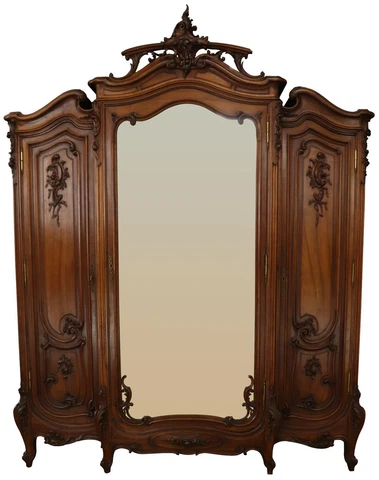 Antique Armoire Louis XV Wardrobe Rococo Opulent Carved Walnut Mirrors 3-Door Cover