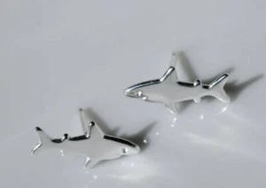 Women's Tiny Solid Metal Shark Stud Earing 14k White Gold Plated Silver - Picture 1 of 6