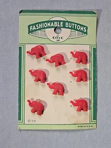 (8) Vintage LeChic Red Plastic Buttons On Card Unused NOS Elephants - Picture 1 of 4