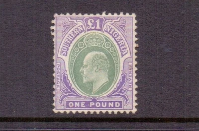 SOUTHERN NIGERIA 1907 £1 VERDE Y VIOLETA SG32ab SIN USAR/PARTE GOMA GATO £350 - FALLAS Foto 1 de 2
