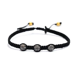 925 Sterling Silver Pave Diamond Black Macrame Thread Braide Adjustable Bracelet - Picture 1 of 3