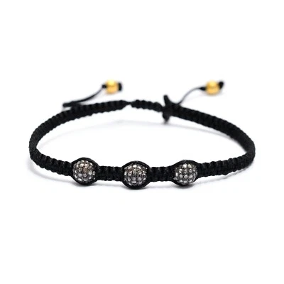 Brazalete ajustable trenzado hilo macramé negro pavé diamantes plata de ley 925 Foto 1 de 3