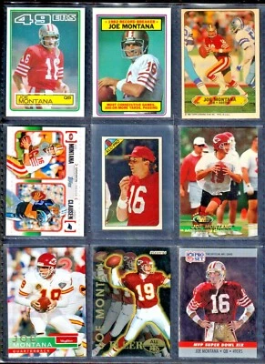 Joe Montana LOTE DE 9 1983-2010 Topps Panini TSC Skybox Fleer Pro Set Foto 1 de 2