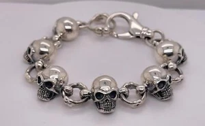 "Brazalete de cadena de eslabón de plata esterlina 925 esqueleto calavera 7,5" - Imagen 1 de 7