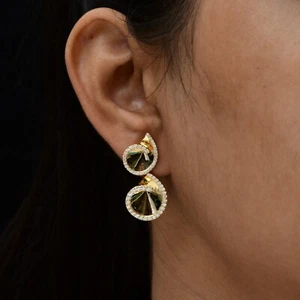 1.11 Ct Round Cut Lab Grown CVD Diamond Charm Dangle Earrings 18k Yellow Gold - Picture 1 of 8