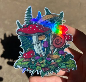 Shroom Village Holographic Sticker Waterproof Vinyl Trippy Stoner Snail Decal - Picture 1 of 2