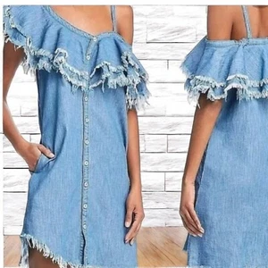 Blank NYC Asymmetrical Raw Frayed Edge Ruffle Denim Button Down LARGE Dress - Picture 1 of 14
