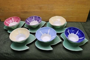 Vintage Hand Crafted Japan Pottery 15 pc Lotus Dessert Bowls & Saucers - Picture 1 of 13