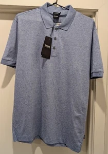 Hugo Boss Mens Short Sleeve Slim Fit Large Blue Cotton Linen Polo BRAND NEW - Picture 1 of 3