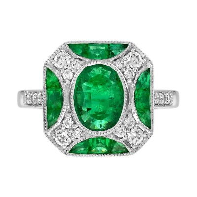 Кольцо из белого золота 18 карат в стиле ар-деко с изумрудом и бриллиантом 2,23 карата ГИА размер 7 - Изображение 1 из 4