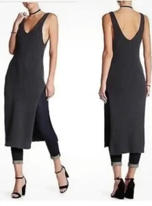 FREE PEOPLE Emmy Ribbed V-Neck Sweater Dress WOMENS X-SMALL GRAPHITE Slits NWT - Picture 1 of 9