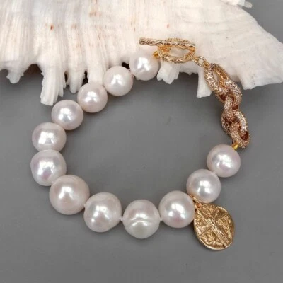 Pulsera 8.5" Perla Blanca 12mm Dije Perla Circonita Pavé Cadena Conector Joyería Regalos Foto 1 de 4