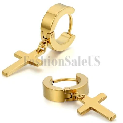 Men Women Stainless Steel Feather Cross Studs Drop Dangle Huggie Hoop Earrings U - Image 1 of 4