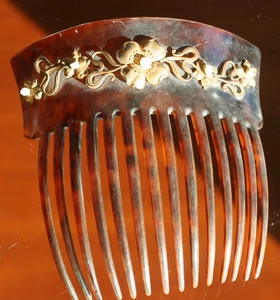 Peine de pelo mantilla española vintage 4x4 imitación tortuga con flores doradas - Imagen 1 de 8