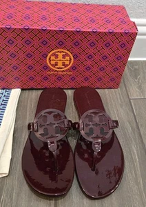 TORY BURCH MILLER SANDAL SOFT THONG PATENT LEATHER BORDEAUX RED SZ US 10 NIB - Picture 1 of 12