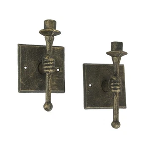Set of 2 Cast Iron Antique Bronze Finish Torchbearer Wall Sconce Candle Holders - Picture 1 of 5
