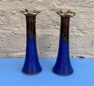 Pair studio art pottery cobalt blue drip glazed jack in pulpit candlesticks - Picture 1 of 14