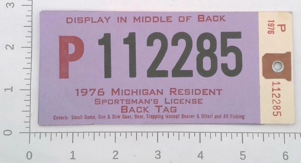 Etiqueta trasera de licencia de caza de ciervos de deportista residente de Michigan 1976 Foto 1 de 1