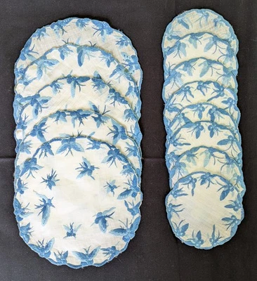 13 porta-copos e guardanapos de linho madeira com borboletas bordadas azuis - Imagem 1 de 4