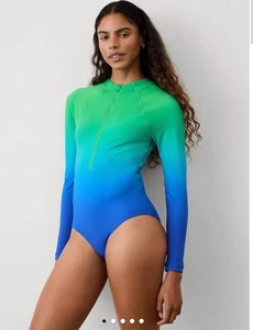 New Athleta Medium Sun Shield One Piece Rashguard Swimsuit Aqua Teal Blue Ombre - Picture 1 of 9