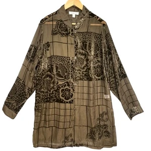 Coldwater Creek Olive Sheer Velvet Burnout Floral Long Sleeve Tunic Blouse Large - Picture 1 of 5