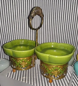VTG MCM LOT OF 3 SET CALIFORNIA POTTERY RUFFLE RIM BOWLS POTS WIRE STAND HOLDER - Picture 1 of 13