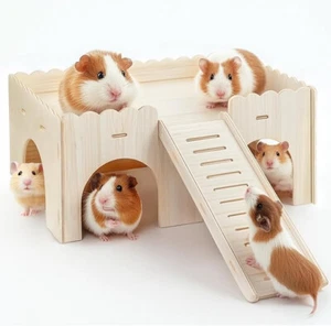 Gran casa de cobayas con rampa de madera - Juguete y escondite para animales pequeños - Imagen 1 de 6
