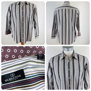 Bugatchi Uomo Mens Sz L Striped Long Sleeve Button Front Shirt Flip Cuff EUC U9 - Picture 1 of 9