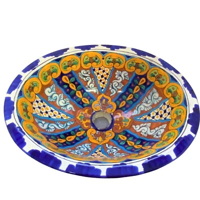 Fregadero de baño ovalado de cerámica pintado a mano mexicano Talavera 14x17x6 azul naranja Foto 1 de 4
