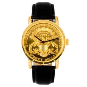 Men's Iced Twenty Dollars Gold Silver Coin Hip Hop Leather Band Fashion Watch - Picture 1 of 10
