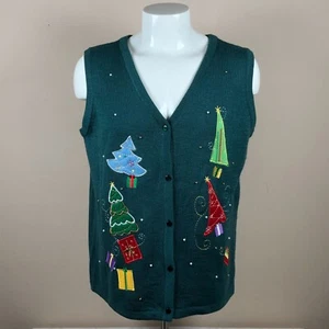 Women's Christmas Trees Ugly Sweater Vest Size X-Large Green Sleeveless - Picture 1 of 4