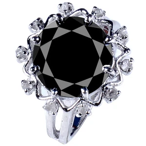 6.50 ct BLACK MOISSANITE ROUND & NATURAL ROUGH DIAMOND.925 SILVER RING - Picture 1 of 2