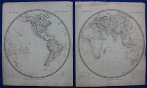 THE WORLD IN HEMISPHERES, original antique map x 2, SDUK, 1844 - Picture 1 of 9