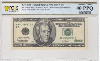 Minor Misalignment Error. $20 1996 Federal Reserve Note, New York - Image 1 of 2