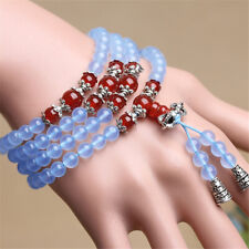 6mm Blue Jade 108 Beads Ruby Bell Pendant Bracelet Elegant Lucky Yoga Chic Bless