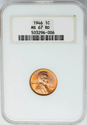 1946 Lincoln Cent 1c MS67RD NGC 950813-1 - Image 1 of 3