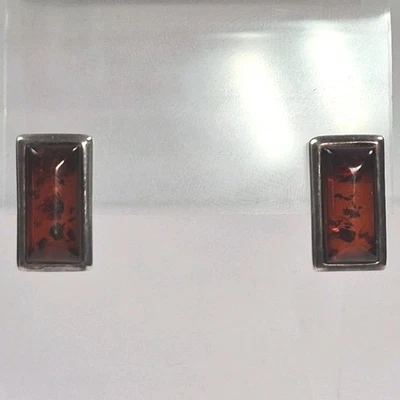Aretes modernos de plata de ley 925 rectangulares con poste de ámbar - 4,4 G Foto 1 de 4