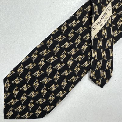 Vintage Valentino Italy Men's Black Geometric Pattern 100% Silk Neck Tie - Image 1 of 4