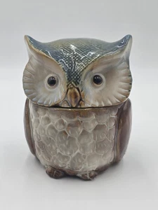 Vintage Blue Tan Glazed Ceramic Owl Cookie Jar Treat Candy Canister Container  - Picture 1 of 8