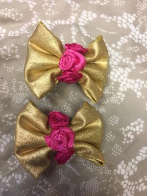Handmade Pink And Gold Bow Barettes With Rose Embellishments - Image 1 of 2