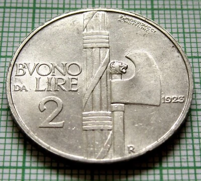 ITALY Vittorio Emanuele III 1923 R 2 LIRE BUONO, Fasces with an Axe NICKEL UNC - Image 1 of 4