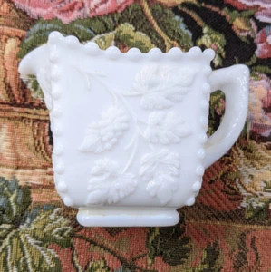 Westmoreland White Milk Glass Creamer Pitcher Grape Leaves Square Beaded Rim Vtg - Picture 1 of 8