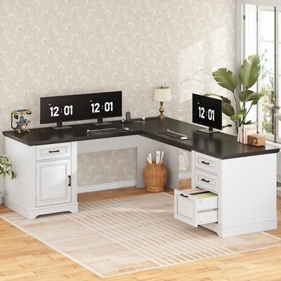 69" Executive L Shaped Desk with Drawers & Power Outlet, Farmhouse Computer Desk - Image 1 of 4