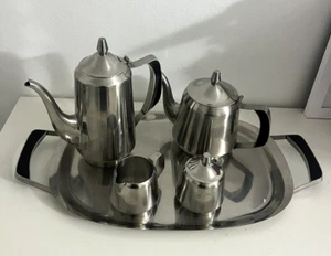 Oneida Edelstahl Kaffee & Teeservice mit Tablett, Zuckerdose, Milchkännchen Vintage - Bild 1 von 22