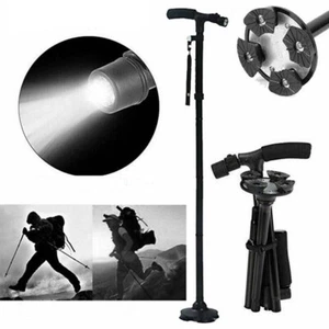 Folding Magic Walking Cane LED Safety Walking Stick 4 Head Pivoting Trusty Base - Picture 1 of 12