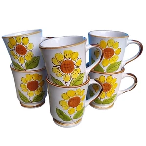 Vintage Sunflower Mugs Set Of 6 Norleans Stoneware Korea - Picture 1 of 8