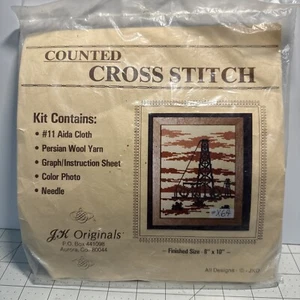 Vintage Cross Stitch Jk Originals 8x10" Unopened Kit Oil Drill Rig Sunset - Picture 1 of 3