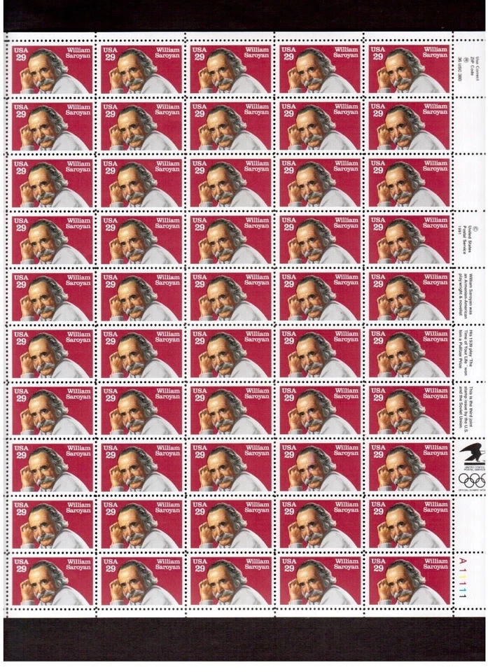 FULL SHEET Stamp # 2538 William Saroyan Armenian American Author 29 cent MNH - Image 1 of 1