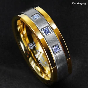 8mm Black/Gold Tungsten Ring Brushed Cubic Zirconia ATOP Men's Wedding Band - Picture 1 of 11